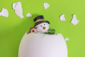 Little toy snowman in the eggshell on a green background