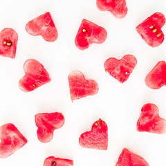Valentine's day hearts pattern made of watermelon on white background. Flat lay, top view.