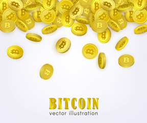 Bitcoin, cryptocurrency banner, flyer template with many golden coins falling down, vector illustration on white background. Bitcoin banner template - coins with capital letter B sign falling down