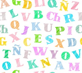 Spanish alphabet, seamless pattern, shading pencil, white, color, vector. Spanish alphabet. Shading with colored pencils on a white field. Simulation. Vector decorative background.  