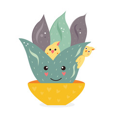 Vector illustration of cute cactus and birds