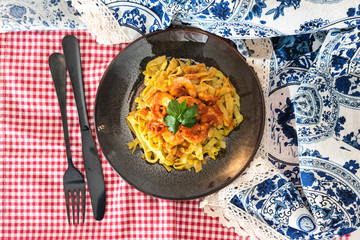 Pasta with Shrimp Dinner Dish on a the table