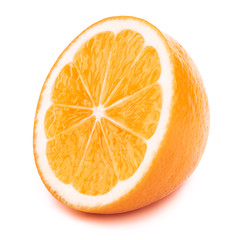Perfectly retouched sliced half of orange fruit isolated on the white background with clipping path. One of the best isolated orange slices that you have seen.
