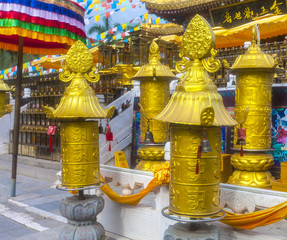 Buddhist praying flags near the monastery in Sanya, China.