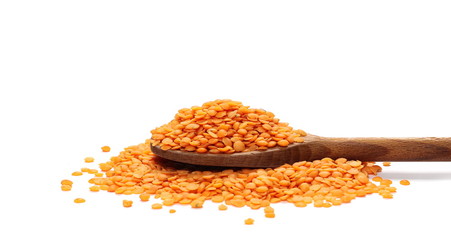 Pile of red lentils in wooden spoon isolated on white background