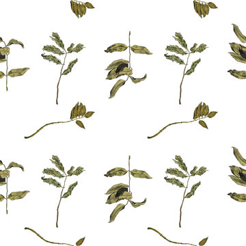 Seamless pattern of handdrawn green branches with leaves. Endless wallpaper design of hand drawn sketches made with pen, ink and pencil