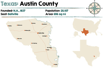 Detailed map of Austin county in Texas, USA