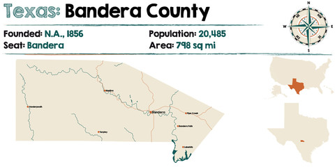 Detailed map of Bandera county in Texas, USA