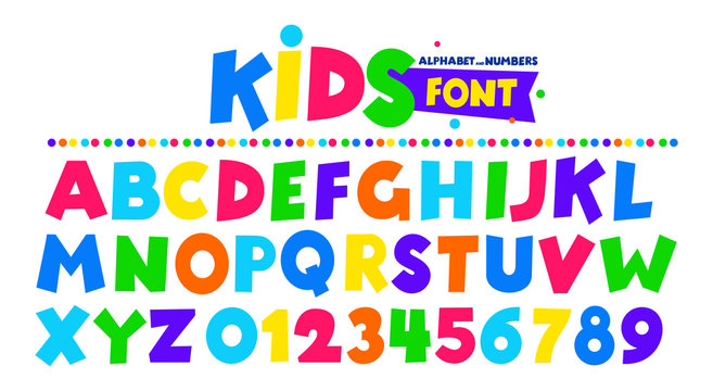 Kids font in the cartoon style, alphabet and numbers. Set of multicolored bright letters for inscriptions and your design . Vector illustration. Isolated on white background