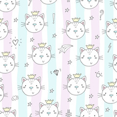 Seamless pattern with cute little cat. vector illustration