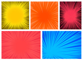 Set of colorful radial lines comics style background. Manga action, speed abstract. Vector illustration. Isolated on white background