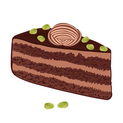 Chocolate cake with nuts isolated on white background. Dessert close-up.  A piece of chocolate cake with pistachios. Vector illustration.