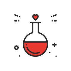 Love chemistry line icon. Test tube love fluid reaction laboratory bottle science romantic love theme. Heart shape. Happy Valentine day sign and symbol.