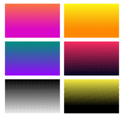 Set of gradient halftone dots background. Pop art template. Red, yellow, purple, blue, black and white texture. Vector illustration. Isolated on white background
