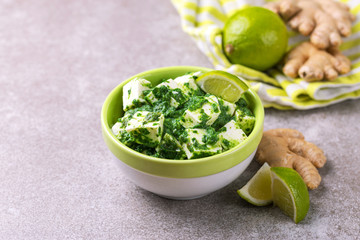 Traditional Indian cuisine. Homemade palak paneer. Copyspace, horizontal view