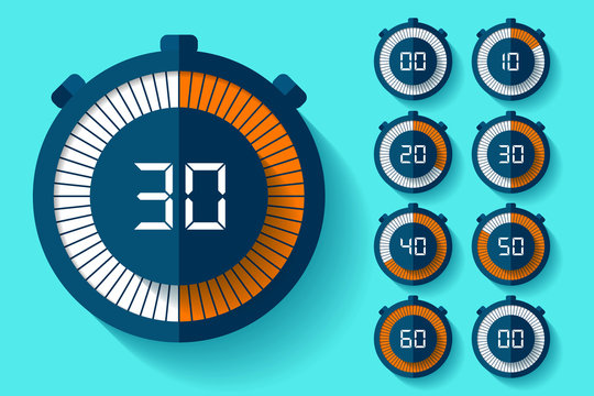 Stopwatch icons set in flat style, timers on color background. Sport clock. Vector design element for you business project