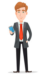 Fototapeta premium Handsome businessman in suit holding modern smartphone
