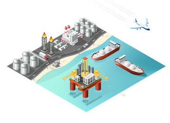 Set of Isolated High Quality Isometric City Elements. Refinery and Oil Platform on White Background