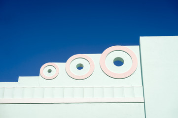 Close-up abstract detail of typical colorful 1930s Art Deco architecture in Miami, Florida