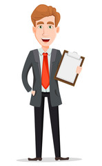 Handsome businessman in suit holding checklist