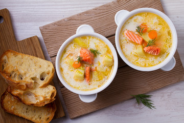 Salmon soup. Finnish salmon soup Lohikeitto. View from above, top, horizontal