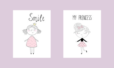 Cute hand drawn card with cute little girl. Printable template