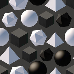 Seamless pattern with 3d primitives. Abstract background with isometric cube, ball, octagon and pyramid. Black and white tileable vector illustration.