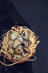 quail eggs in small dish on black background