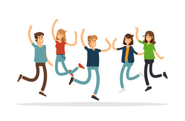 Vector illustration of happy young group of people jumping on a white background. The concept of friendship, emotions success.