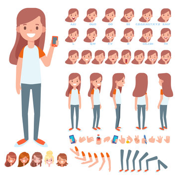 Front, side, back view animated character. Teenage girl character creation set with various views, hairstyles, face emotions, poses and gestures. Cartoon style, flat vector illustration.