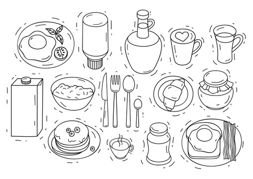 Vector set of ingredients for breakfast. Sketch hand drawn illustration of food top view. Doodle style elements for eating