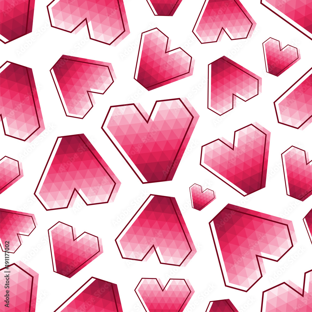 Poster seamless abstract pattern with geometric pink triangle polygons hearts shapes and dark outline polyg