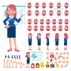 	 Front, side, back view animated characters. Business woman creation set with various views, face emotions, poses and gestures. Cartoon style, flat vector illustration.