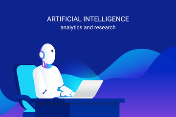 Artificial intelligence working for big data analysis and calculation and machine learning. Gradient vector illustration of futuristic robot working with laptop doing ai data analytics and research