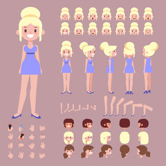 Front, side, back view animated character. Pretty young woman character creation set with various views, hairstyles, face emotions, poses. Cartoon style, flat vector illustration.