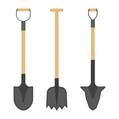 Vector illustration of shovels isolated on white background. Work tool in flat style, for outdoor activities, digging, gardening. Construction equipment.