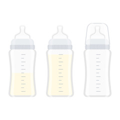 Vector illustration of feeding bottles with milk for newborn, isolated on white background. Baby care equipment