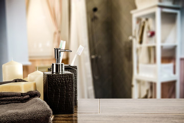 desk of free space and towel decoration in bathroom 