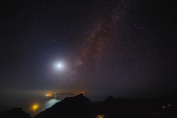 Beautiful sky with many stars above the ocean. Milkway space background