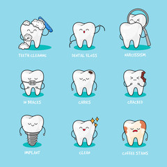 Happy teeth set. Cute tooth characters. Dental personage vector illustration.