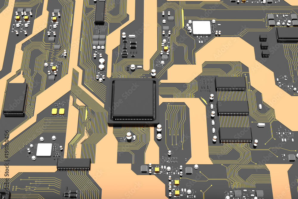 Poster 3d rendered printed circuit board with cpu chipset processor electronic element