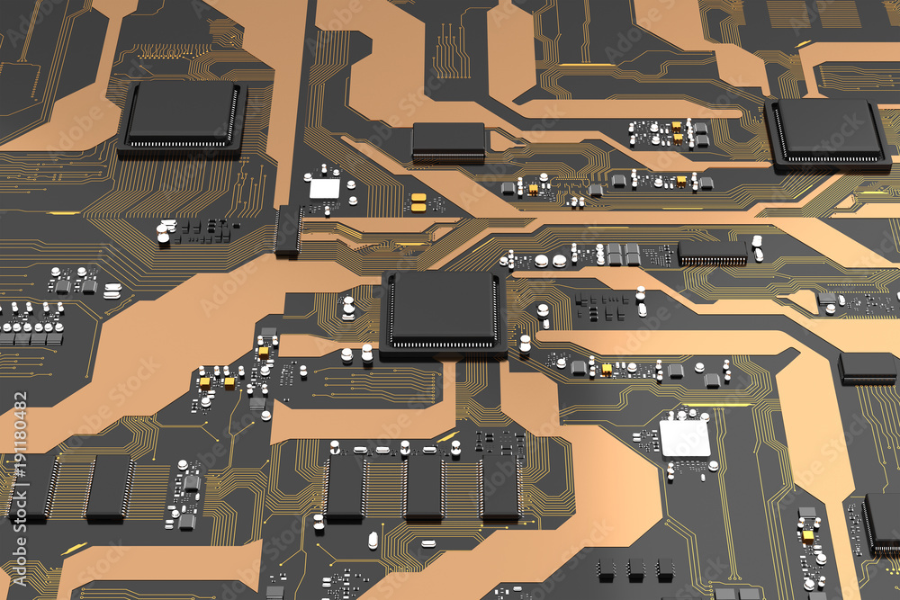 Poster 3d rendered printed circuit board with cpu chipset processor electronic element