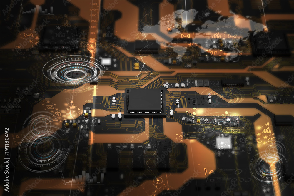 Poster 3d rendered printed circuit board with cpu chipset processor electronic element