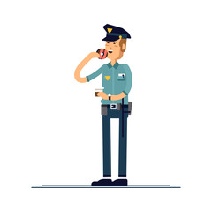 Vector illustration set male policeman character. A policeman in uniform is standing and eating a donut . Public safety officer characters isolated on white background.
