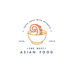 Vector logo design template and emblem or badge. Asian food - soup with octopuc. Linear logos, golden and red colors.