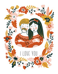 Hand drawn vector love card with couple and flowers for Valentine's day. Stylish background for romantic card. Isolated on the white background.