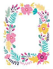 Fototapeta na wymiar Floral Frame isolated on the white background. Cute flat floral wreath perfect for wedding invitations and birthday cards.