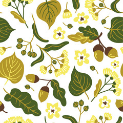 Vector floral seamless pattern with linden flowers. Hand drawn eco design for fabric and wrap paper.