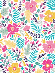Vector floral seamless pattern in doodle style with flowers and leaves. Gentle, summer floral background.