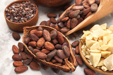 Different cocoa products on light background